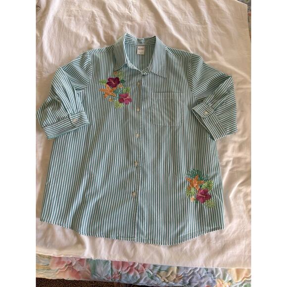 Blair Women Blue Blouse Top Sz XL Cotton Buttons Pullover Long Roll Up Sleeve - Picture 6 of 12